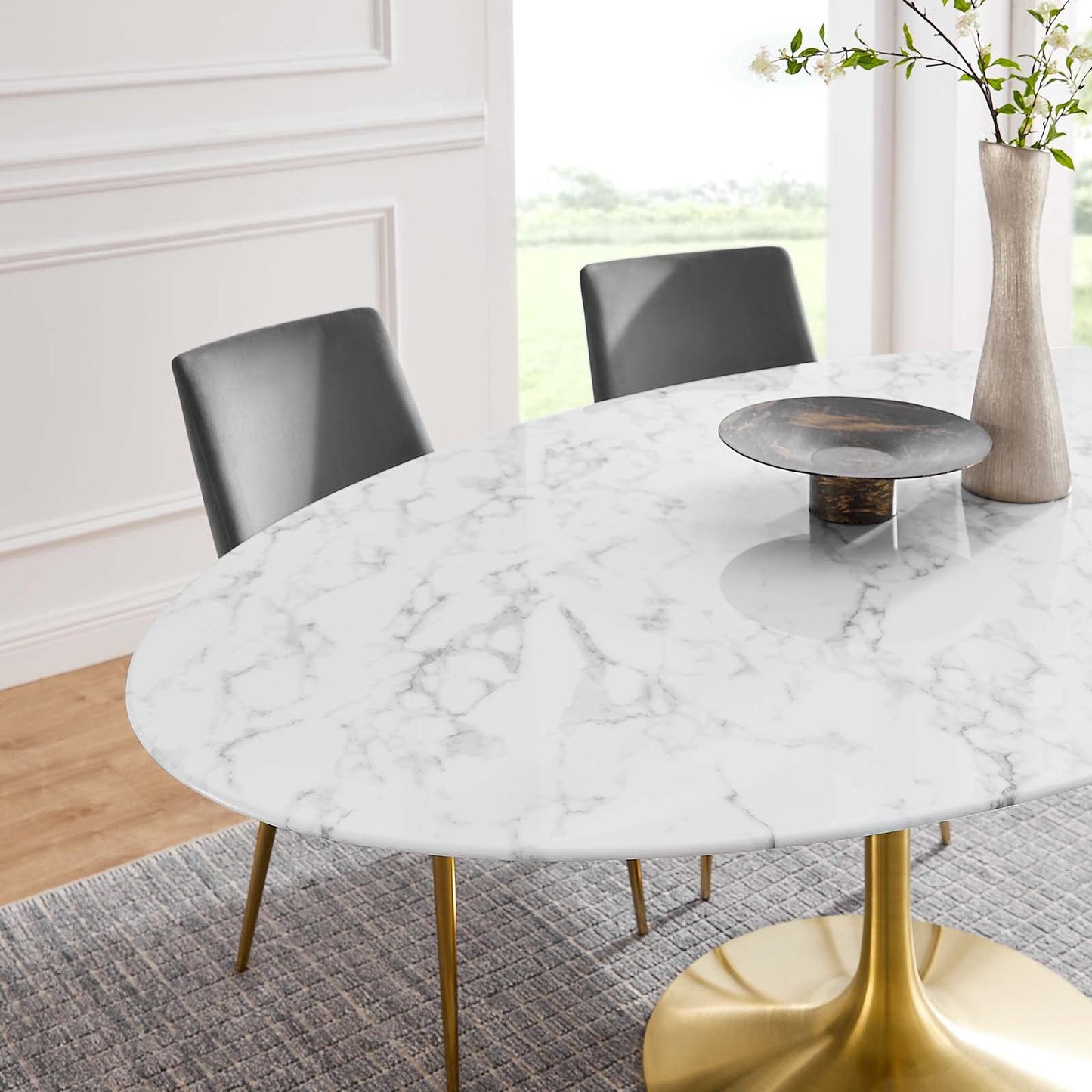 Modway Lippa 78" Oval-Shaped Mid-Century Modern Dining Table with Artificial Marble Top and Gold Base