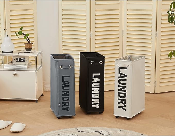 DOKEHOM 25-Inches Slim Laundry Basket on Wheels, Collapsible Rolling Laundry Hamper, Foldable Narrow Corner Clothes Storage Bins (Beige)