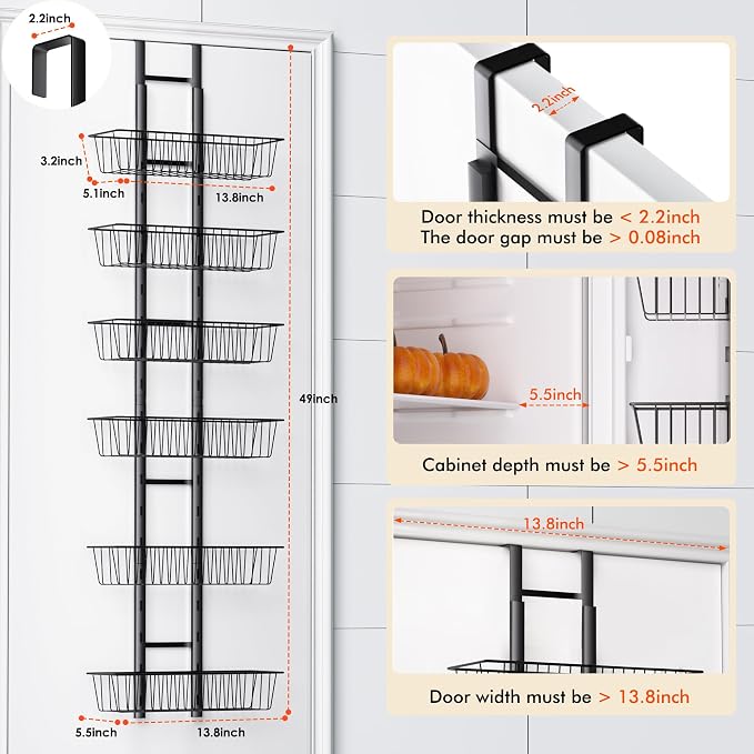 LUXEAR Over the Door Pantry Organizer, 6-Tier Adjustable Over the Door Hanging Spice Rack, No-Assembly Foldable Metal Over the Door Organizer for Kitchen, Home, Laundry Room, Bathroom