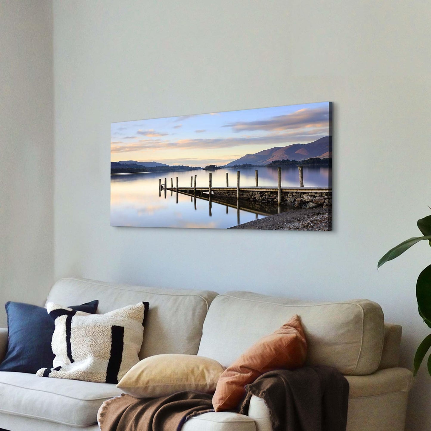 Sunset Lake Canvas Wall Art - Lakeside Dock Picture Pier Painting Nature Landscape Prints Scenery Artwork for Living Room Home Office