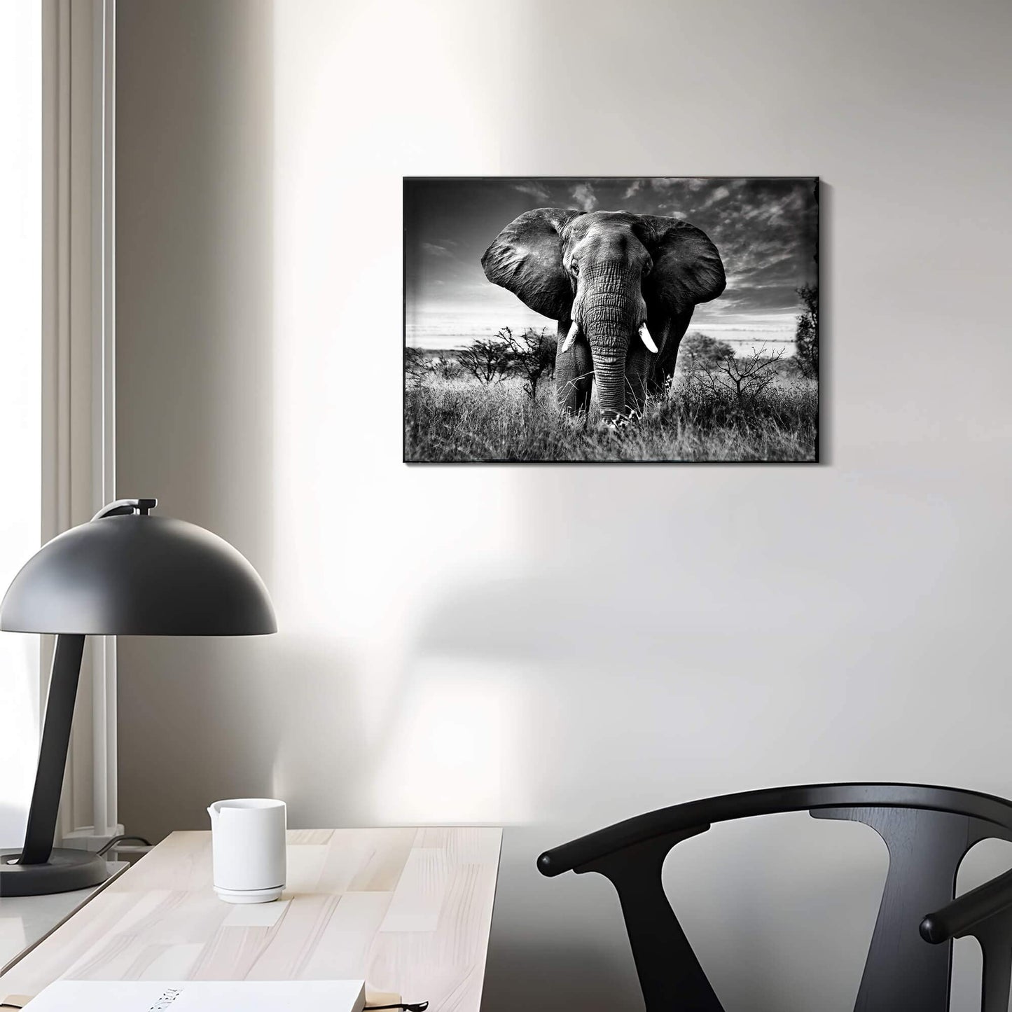 Elephant Black & White Wall Art - Rustic Canvas Painting - African Animal Picture - Natural Artwork for Bathroom & Bedroom Decor - 16x12 Inches