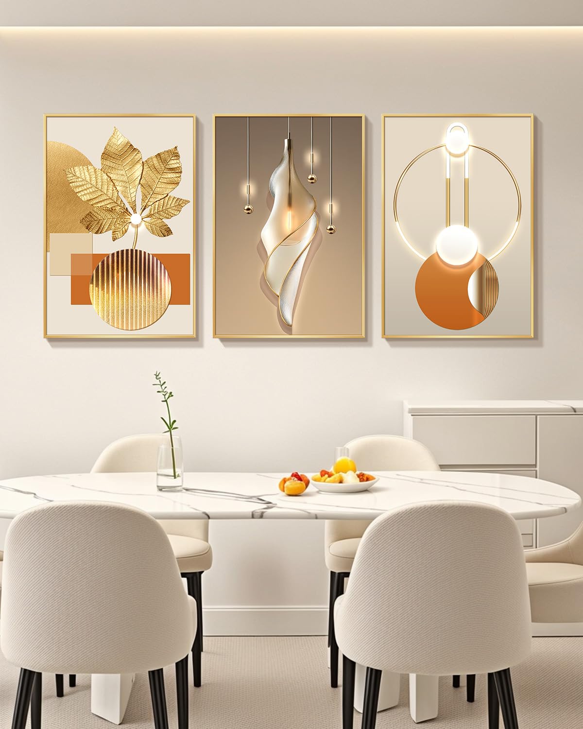 Azartslr Large Framed Modern Rose Gold Wall Art, Luxury 3 Pieces Aluminum Alloy Wall Decor for Living Room, Abstract Gold and Beige Home Bedroom Art Painting, Geometric Crystal Porcelain Artwork Dining Room Pictures Decoration 16x24in