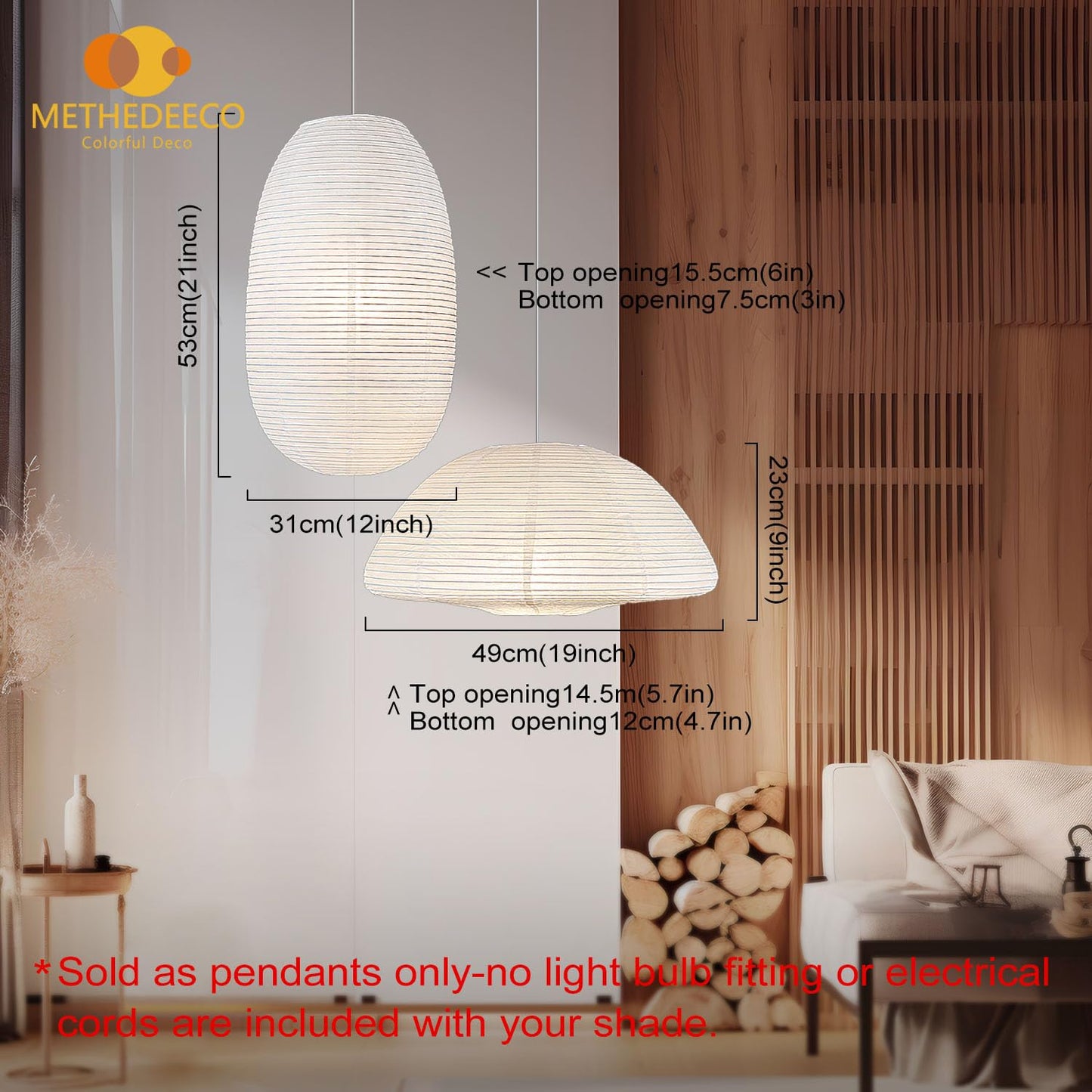 METHEDEECO Set of 2 Rice Paper Pendant Light Shades, Large Japanese Minimalist Hanging Lamp Shades for Dining Room Bedroom Living Room, Decorative Ceiling Shade Covers, 19in & 21in