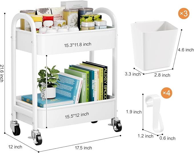 2 Tier Rolling Cart Metal with Wheels, White Under Desk Storage Roller Caddy on Wheels, Two Tiered Short Shelf Trolley, Small Utility Organizer Carts for Dorm, Bathroom, Craft, Art, Baby, Pantry,Snack