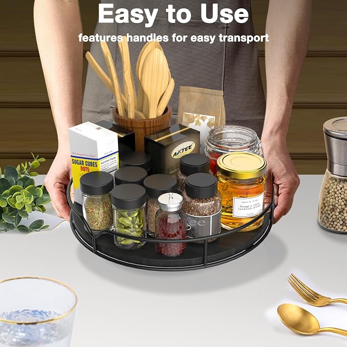 Lazy Susan Turntable Organizer with Anti-Slip Mat for Cabinet Pantry Kitchen Countertop Refrigerator Office, Pine Wood, 13", Black