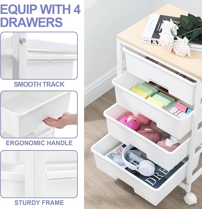 SYKIARIOL Utility Cart with 4 Drawers, Multipurpose Rolling Storage Cart with 4 Drawers and 2 Lockable Wheels, 4-Tier Rolling Storage Cart Organizer for Home Office Dorm, Bright White