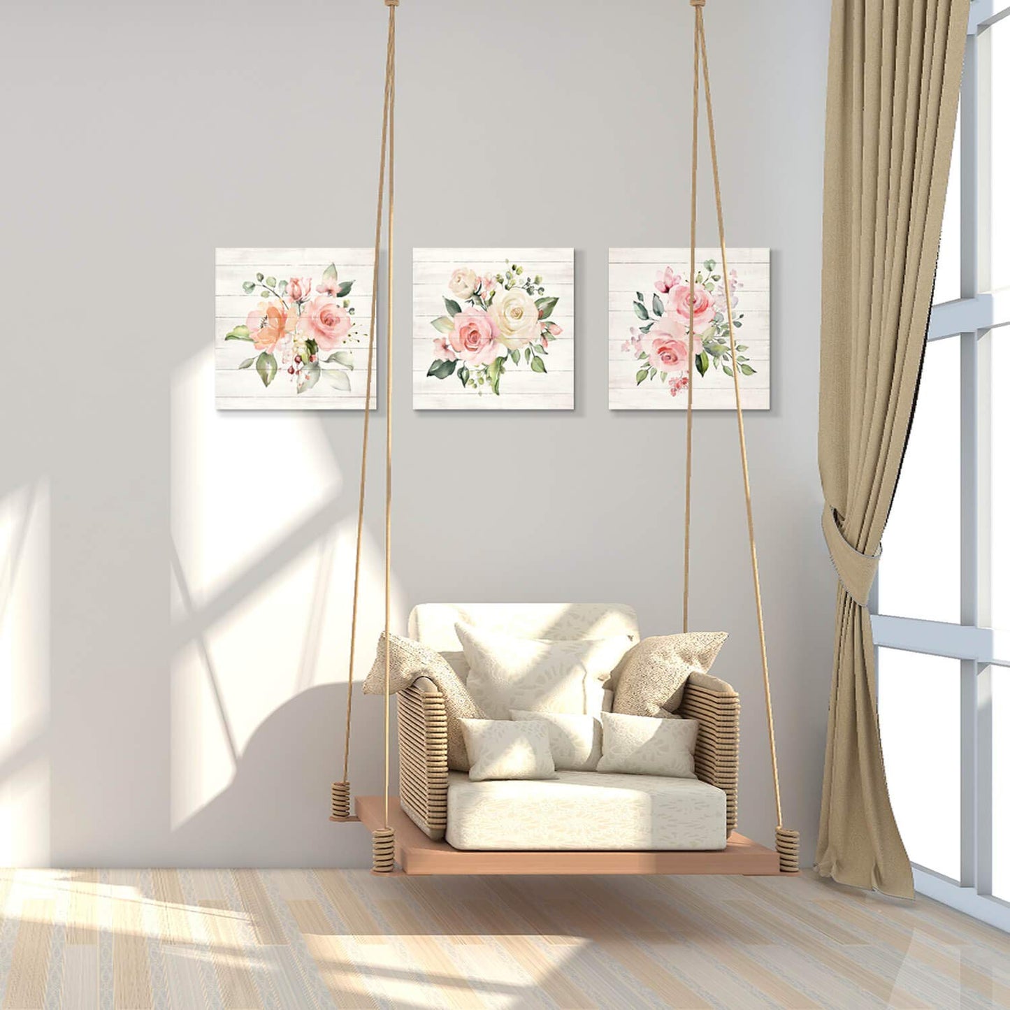 Hardy Gallery Pink Floral Canvas Wall Art: Roses Flowers Bouquet Pictures Artwork for Kitchen Bathrooms (12"x12"x3pcs)