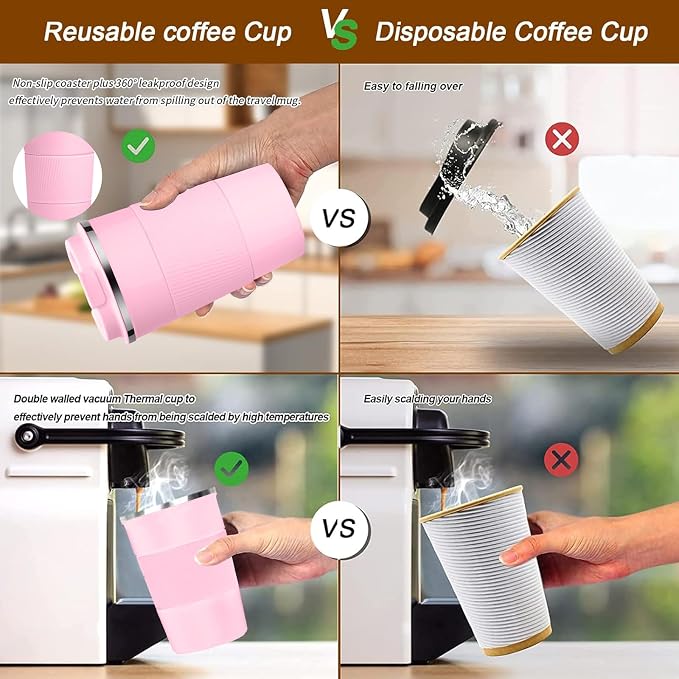 YINBAOGE Insulated Travel Coffee Mug, Spill & Leak Proof, Portable To Go Camping Stainless Steel Coffee Tumbler, Reusable Thermal Coffee Cup with Lid for Hot & Cold Drinks (Pink, 12 OZ)