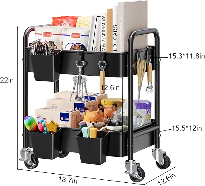 2 Tier Small Rolling Cart Metal with Wheels, Black Under Desk Storage Carts on Wheels, Short Utility Roller Shelf Trolley Organizer for Pantry, Kitchen, Office, Two Tiered Mobile Side Table, 22in Tall