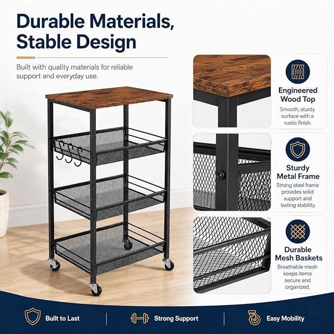 Homleke 4-Tier Rolling Kitchen Storage Cart, Utility Cart with Wooden Tabletop & Metal Baskets, Fruit Vegetable Basket for Kitchen, 3-S Hooks, Rustic Brown and Black
