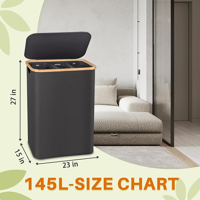 Laundry Hamper 3 Section, 145L Dirty Clothes Hamper with Lid, Extra Large Laundry Basket Organizer with Removable Inner Bags & Labels for Laundry Room, Bedroom, Dark Grey