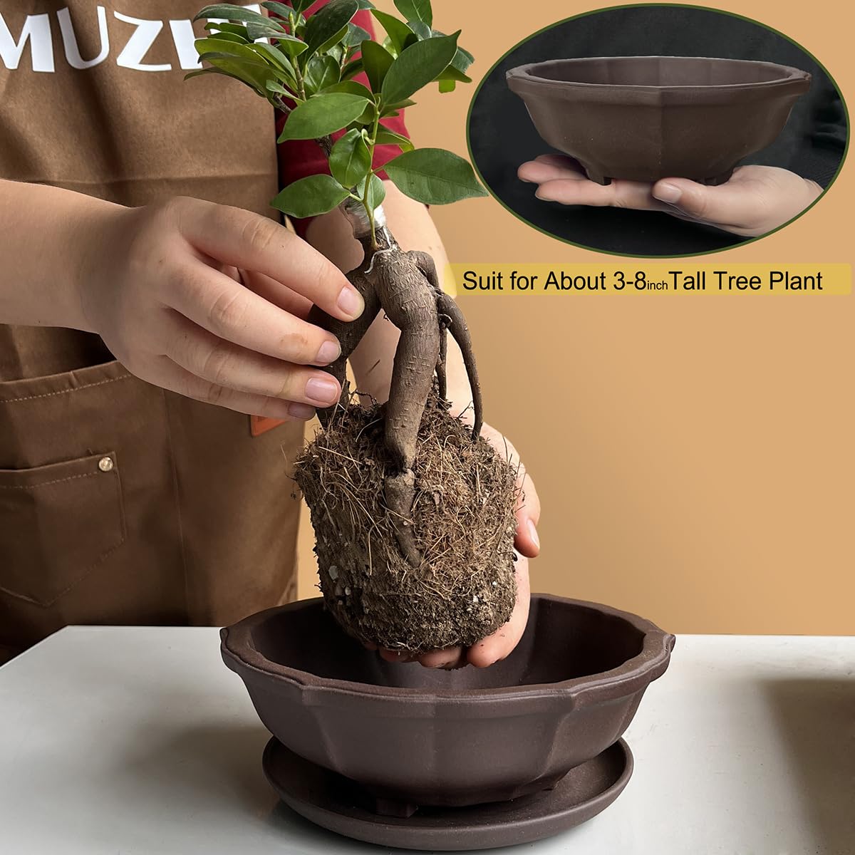 MUZHI 6.8 inch Unglazed Flower Shape Ceramic Bonsai Pot Bowl with Saucer,Classic Retro Zisha Pottery Planter Round for Tree Cactus Succulent Arrangement