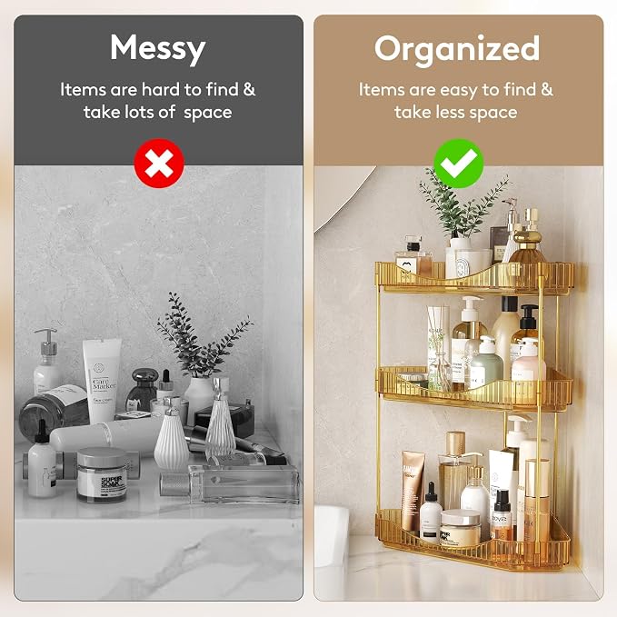 Lifewit 3-Tier Corner Bathroom Counter Organizer, Plastic Makeup Skincare Organizers Storage Countertop, Large Sink Cosmetic Perfume Shelf for Bedroom, Dresser, Kitchen, Vanity, Gold, 25 cm/10inch(H)