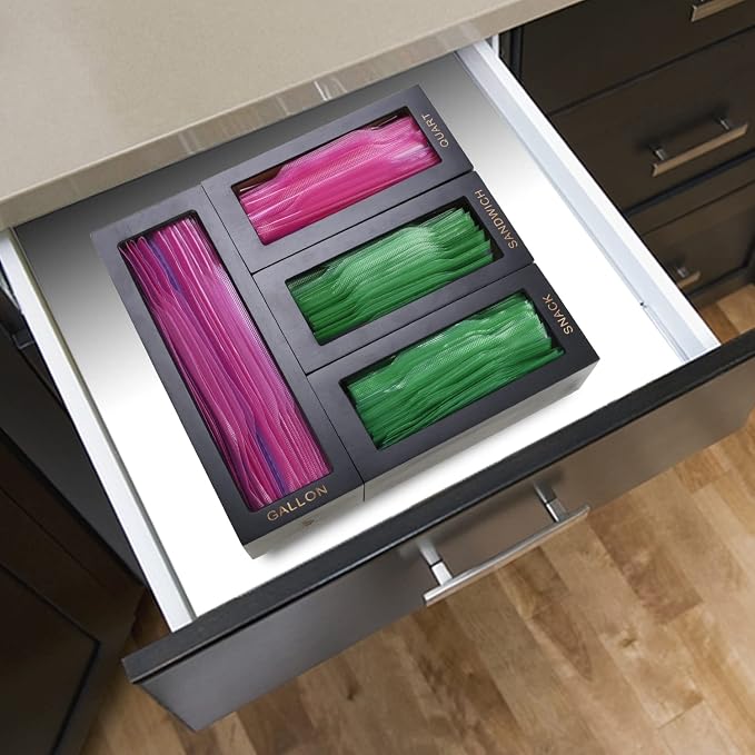 Bamboo food Bag Organizer for Kitchen Drawer, Baggie organizer, Compatible with Gallon, Quart, Sandwich and Snack Variety Size Bags (4 Piece Set) (Black)