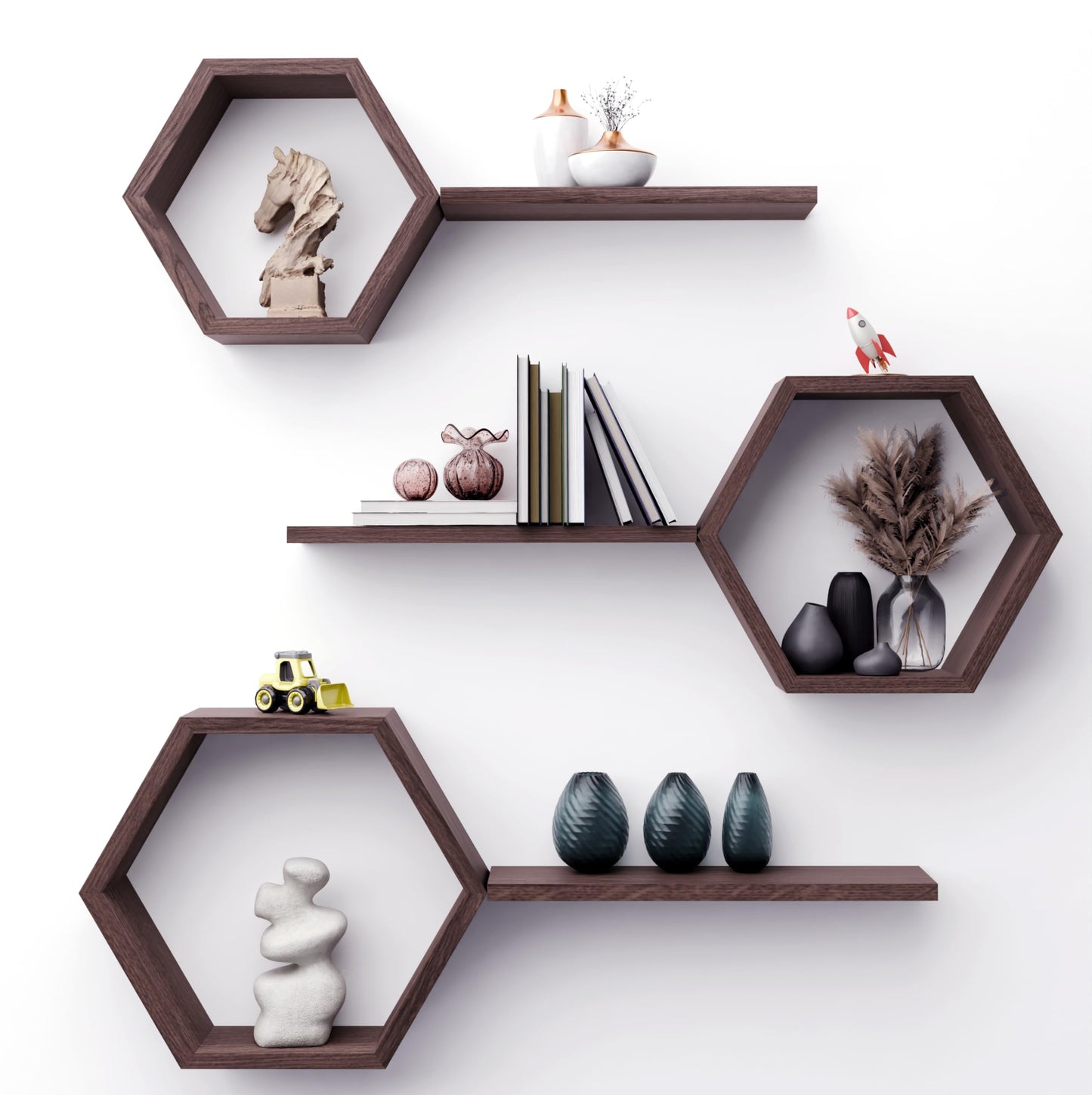 Decovate Hexagon Floating Shelves Set of 6 Honeycomb Shelves for Wall, Wooden Hexagon Shelves for Farmhouse Storage (Rustic Brown)
