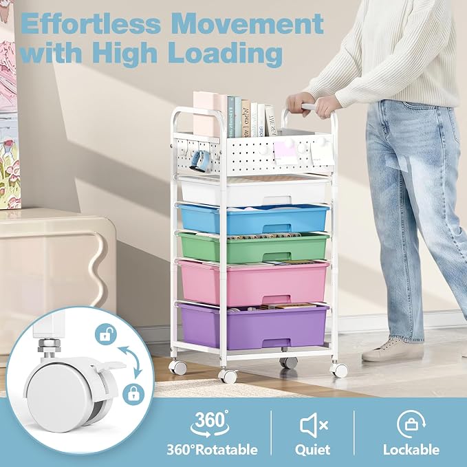 5 Drawer Rolling Storage Cart with Pegboard Top and Hooks, Mobile Organizer Cart with Wheels for Office Supplies, Craft Storage, Classroom Organization, Home Utility Cart, Ice Cream