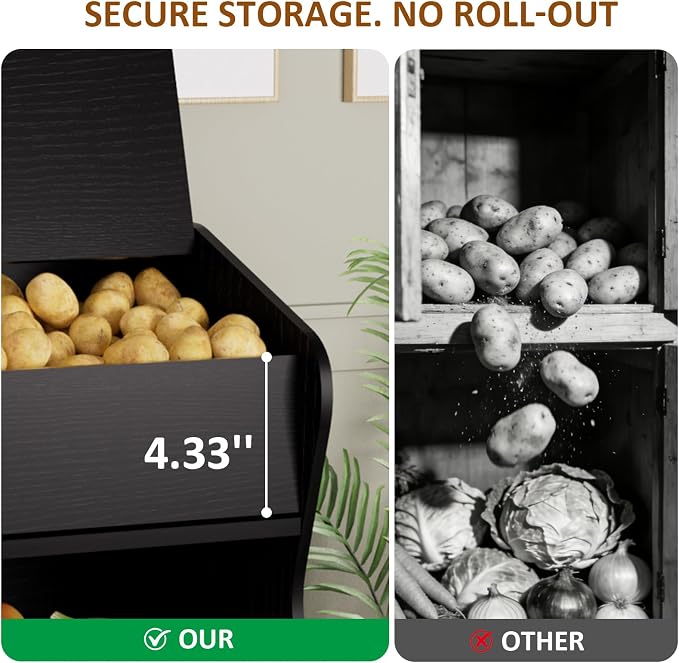 Potato and Onion Storage Bin with Lid, Root Vegetable Storage Rustic Bread Box for Kitchen Pantry, Wooden Bread Cabinet Fruit Storage Rack,Black