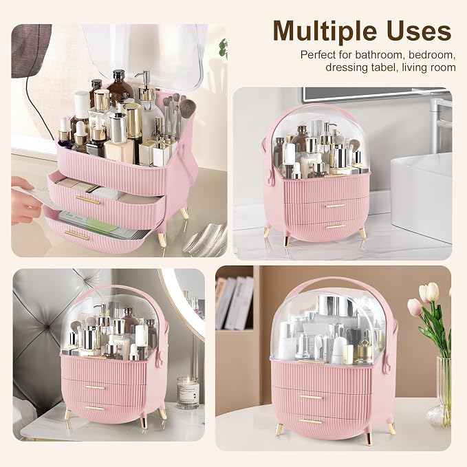 Makeup Organizer for Vanity, Large Capacity Skincare Cosmetic Organizer Countertop with 2 Drawers, Cosmetic Display Cases Makeup Storage Box for Bedroom, Bathroom, Ideal Gifts for Women(Pink)