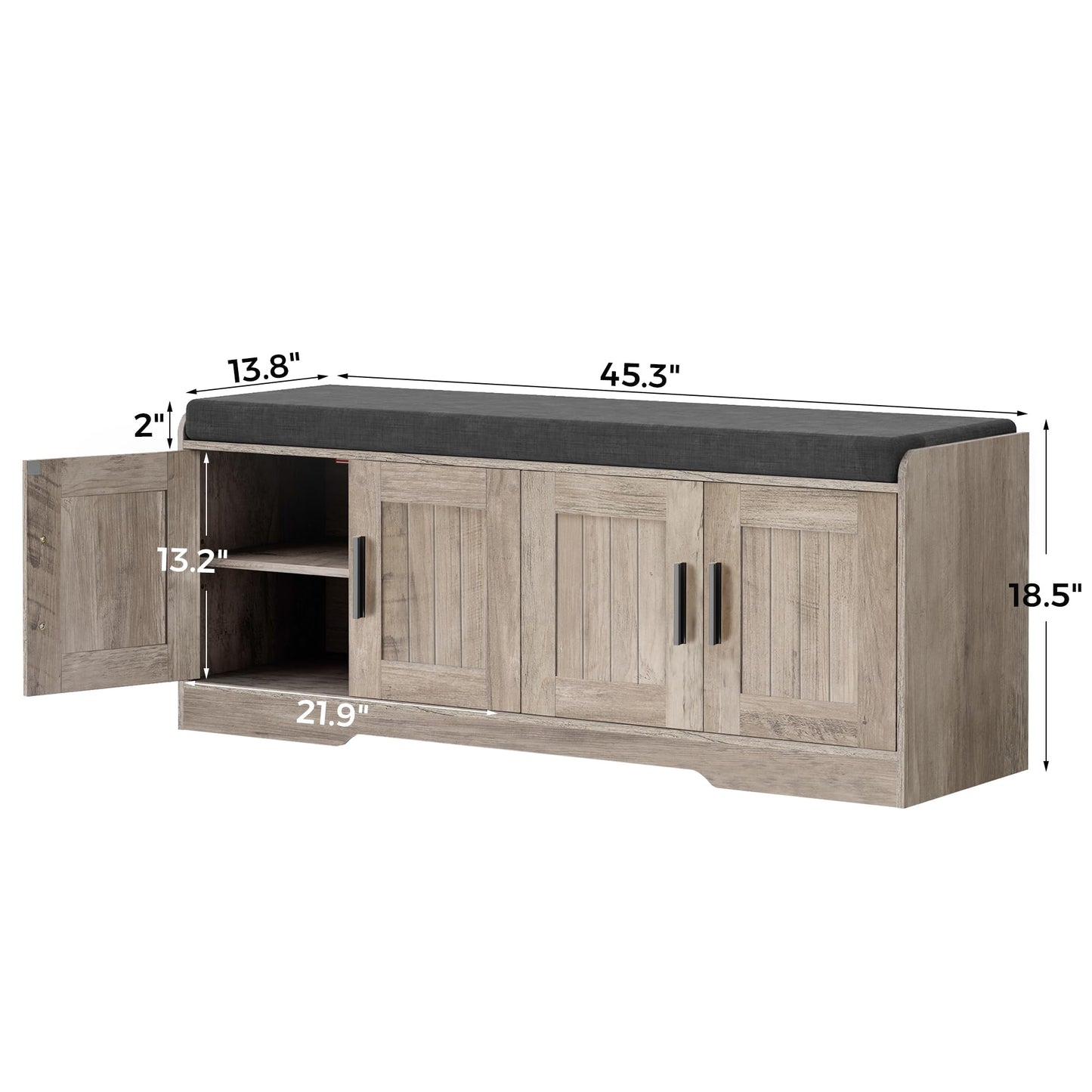 Homleke 2-Tier Storage Bench, Shoe Bench with Thickened Padded Seat Cushion, Entryway Bench with 4 Doors, Adjustable Shelf, 13.8" D x 45.3" W x 18.5" H, for Entryway, Living Room, Bedroom, Greige