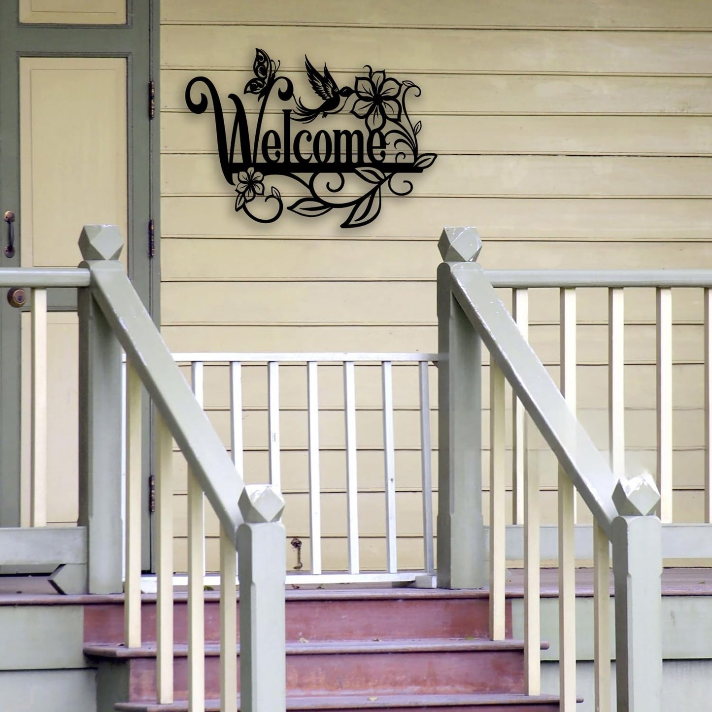 OPTYBVFD Welcome Sign Flower Butterfly Metal Wall Decor - Room Decor Wall Art Home Decor for Living Room, Outdoor, Garden, Farmhouse (Black)