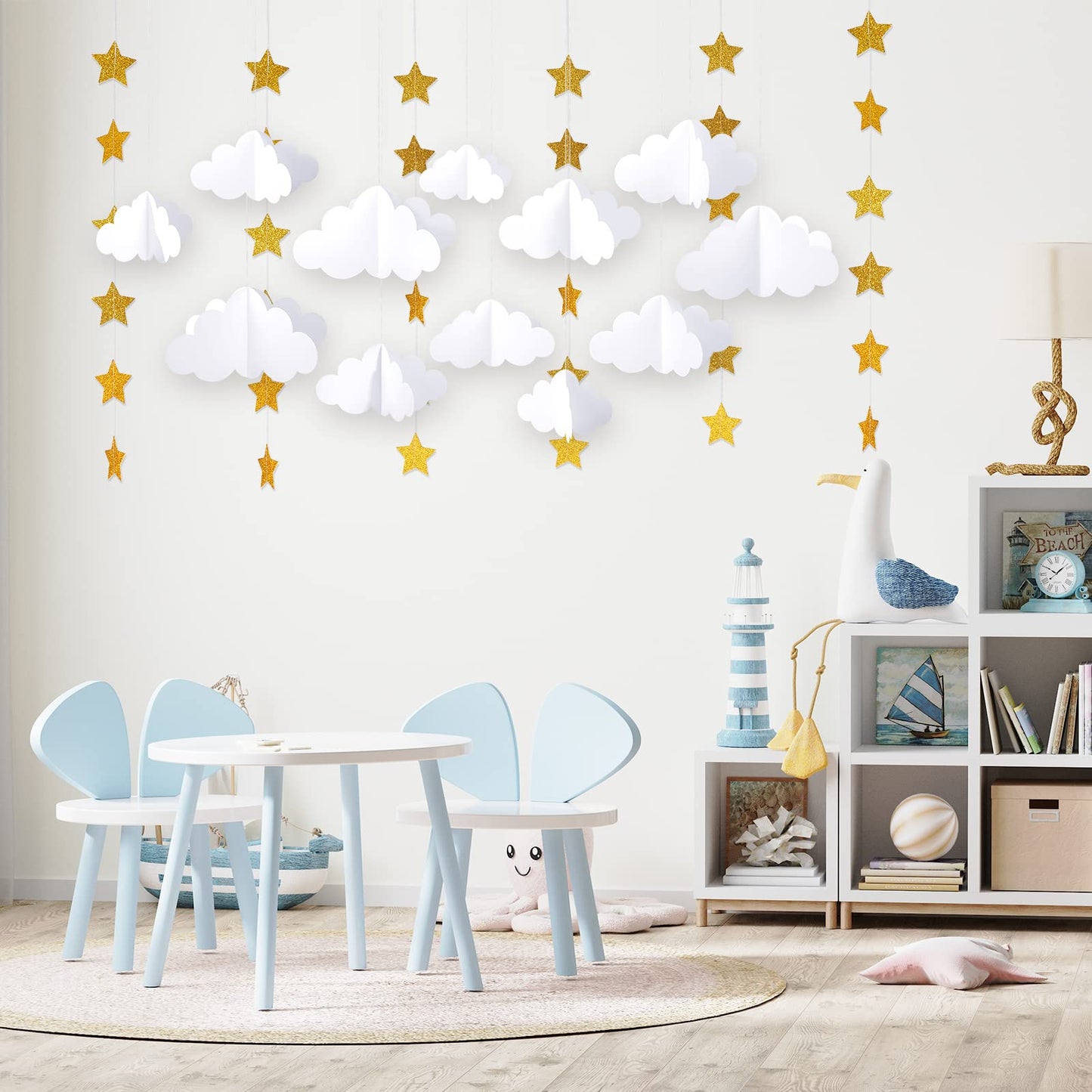 Hotop 18 Pcs 3D Cloud Party Decorations Hanging Clouds with Stars Garland White Paper Decorations for Baby Shower Wedding Ceiling Party Room Decor