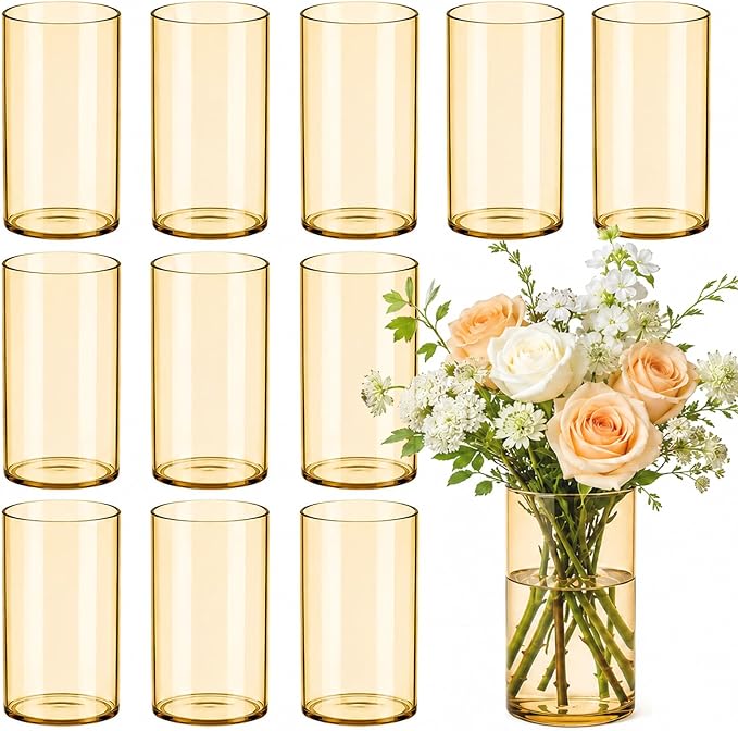 TBWIND 12pcs Gold Amber Glass Cylinder Vases for Centerpieces, 6 Inch Bulk Flower Vases for Wedding Decorations, Hurricane Candle Holder for Floating Candles and Table Home Decor