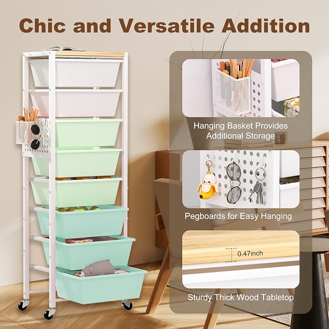 Rolling Cart with Drawers, Rolling Storage Cart with Large Plastic Drawers & Wooden Tabletop, Utility Cart with Pegboards & Basket, Storage Drawers Cart for Living Room, Classroom, Bedroom, Office