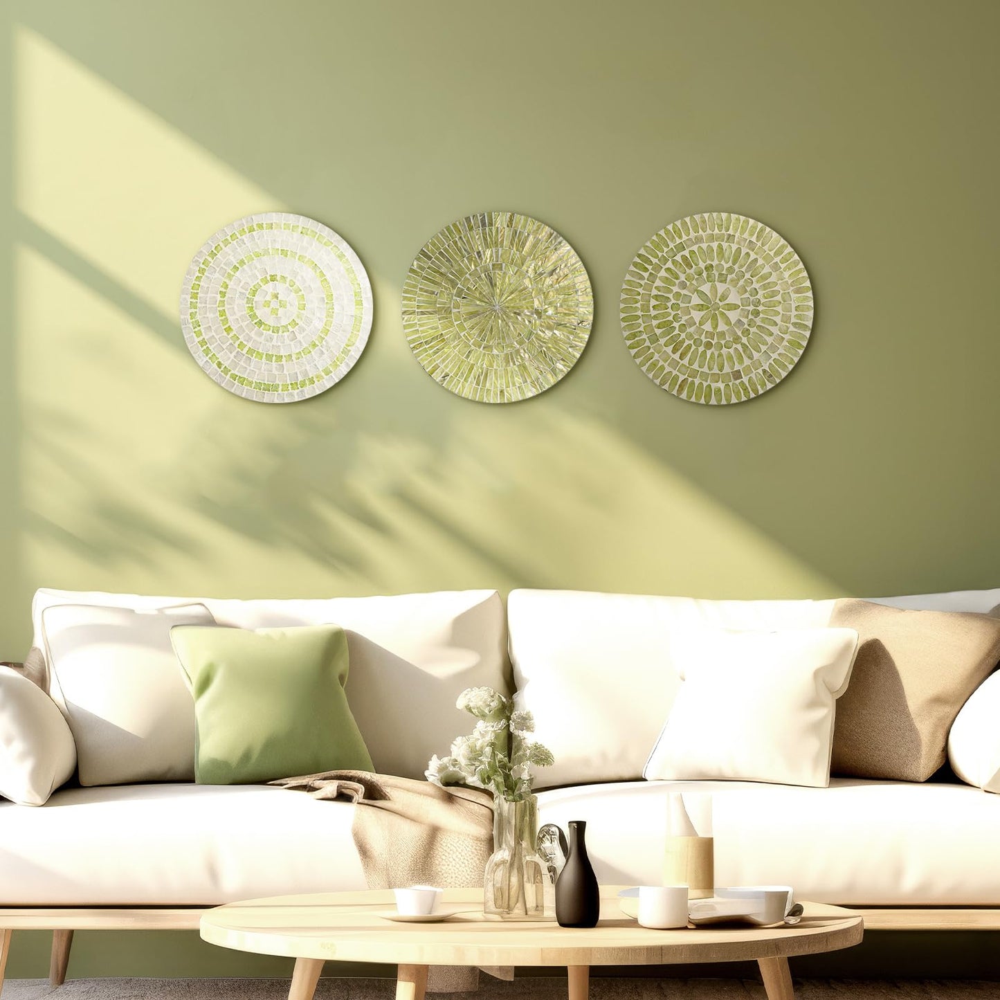 Tioncy 3 Pcs 11.8 Inches Spring Lime Green Mother of Pearl Shell Plate Lime Green Wall Art Mosaic Wall Sculpture Shell Handmade Hanging Plates Arts for Bedroom Bathroom Home Office Hotel