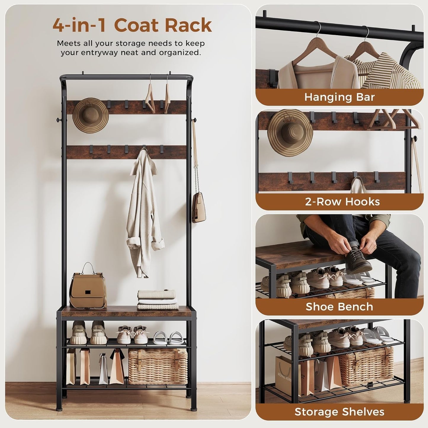 KMFurnila Hall Tree with Bench and Shoe Storage, 4-in-1 Entryway Organizer with 10 Hooks and Storage Shelf,Coat Rack Freestanding with 2-Tier Storage Shelf for Living Room, Bedroom Rustic