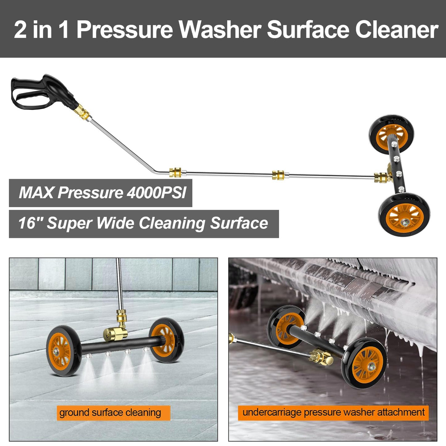 TRELVEX Undercarriage Pressure Washer Attachment Pro Max 16", Surface Cleaner Water Broom with 3pcs ExWand and Quick Connect Pivot Coupler 4000psi, 2in1 Underbody Car Washer
