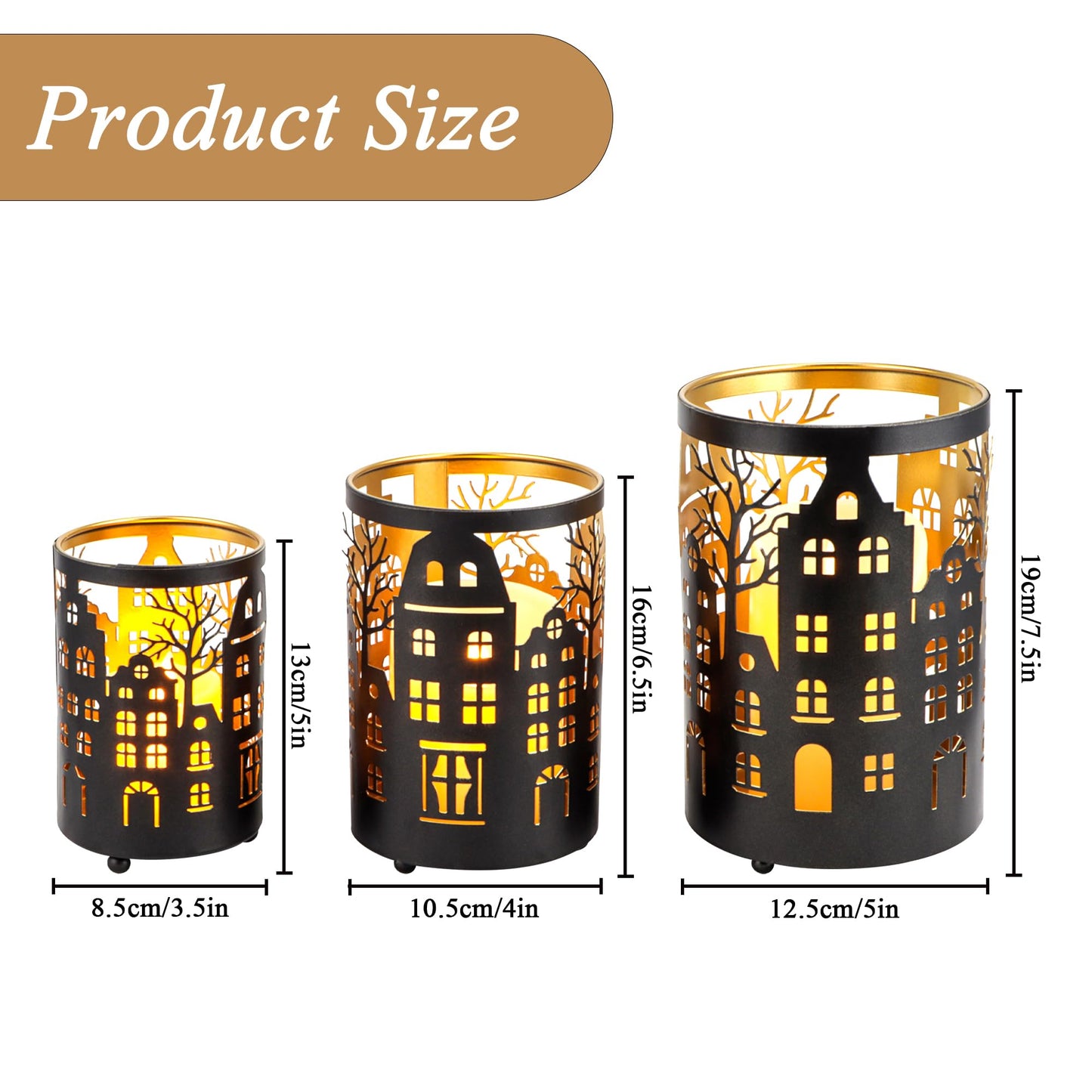 TRIROCKS Village Silhouette Candle Lantern 7.5" H Etched Bronze Metal Candle Holder Decorations for Living Room Tabletop Parties Patio Entryway Indoors Outdoors(3PCS)