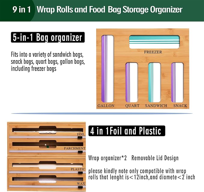 9 In 1 Storage Bag Organizer And Plastic Wrap Dispenser With Cutter, Bamboo Foil and Plastic Wrap Organizer