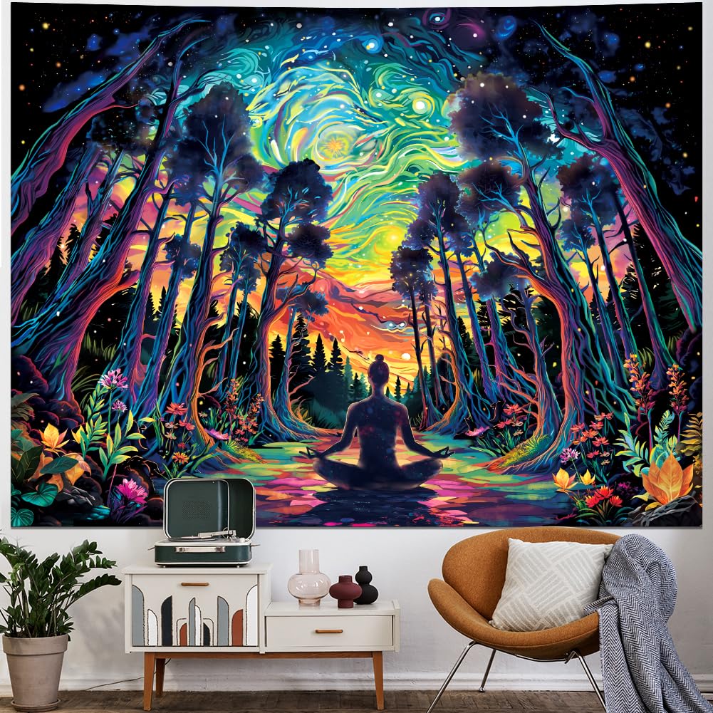 Heopapin Blacklight Psychedelic Forest Meditation Tapestry UV Reactive Cosmic Galaxy Starry Sky Wall Art Tapestry Trippy Yoga Spiritual Chakra Wall Hanging Tapestries for Home Decor 59.1L x 51.2W