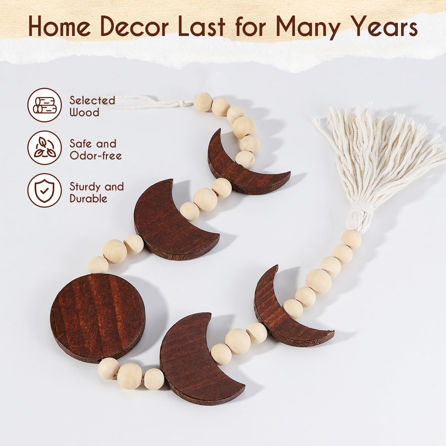 Ausicfen Moon Phase Wall Hanging Wood Beaded with Tassel,Phases of The Moon,Boho Home Decor for Living Room Bedroom Office(Brown)