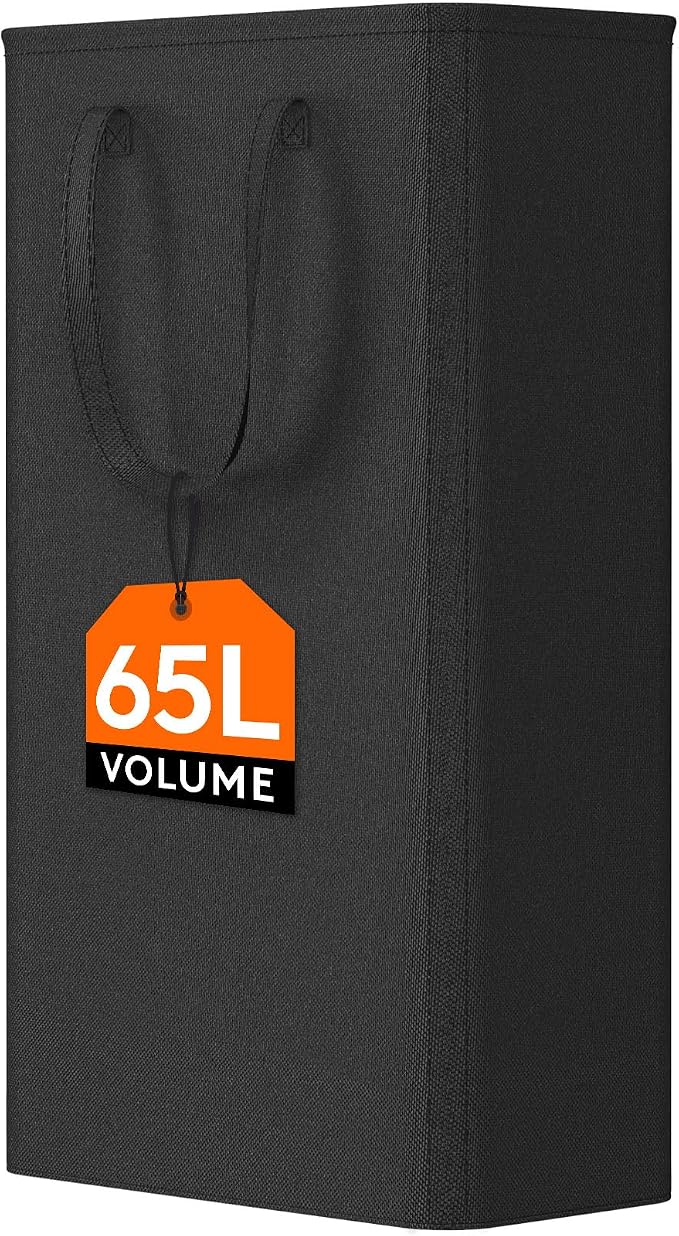 Lifewit Slim Laundry Hamper, Narrow Small Laundry Basket with Handle for Dirty Clothes, Collapsible Tall Thin Laundry Bin for Bathroom Bedroom Dorm College, 65L, Black