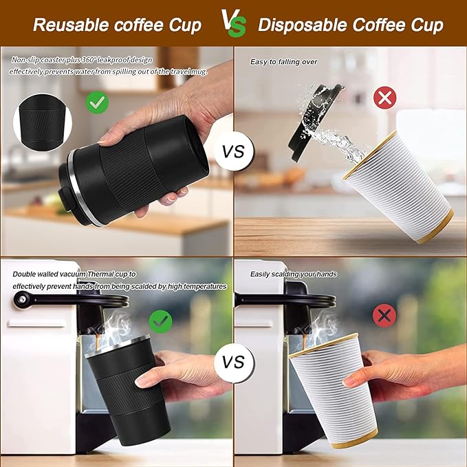YINBAOGE Insulated Travel Coffee Mug, Spill & Leak Proof, Portable To Go Camping Stainless Steel Coffee Tumbler, Reusable Thermal Coffee Cup with Lid for Hot & Cold Drinks (Black, 12 OZ)