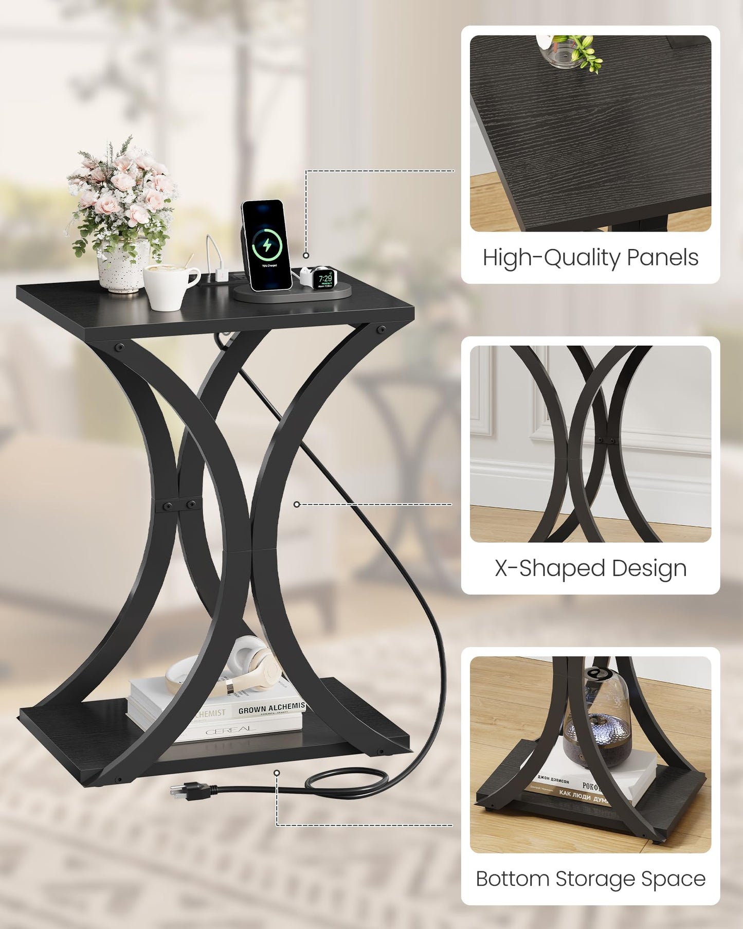CHOEZON End Table with Charging Station, 2-Tier Modern Side Table, Nightstand with Storage Shelf, for Small Spaces, for Living Room, Bedroom, Black TBZ20UBB