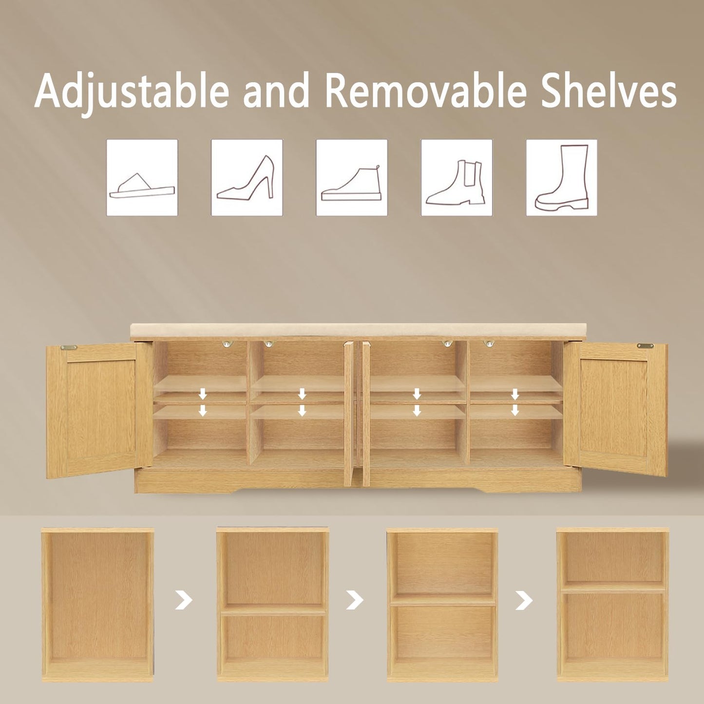 DINZI LVJ Shoe Bench, Entryway Storage Bench with Doors, Cushion, 2-Tier Shoe Rack with 8-Cubby, 47.2”L x 13.8”W Shoe Organizer Cabinet, Adjustable Shelf, Living Room, Bedroom, Natural with Rattan