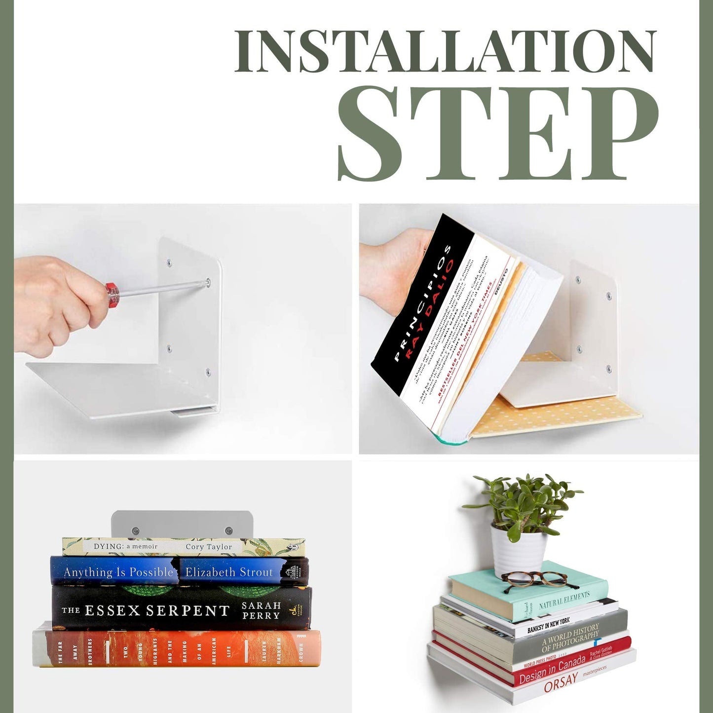 CRIZTA Set of 4 Invisible Floating Bookshelf, Heavy Duty Wall Mounted Book Organizer, Metal Shelves Holder for Books, Large Size (White)
