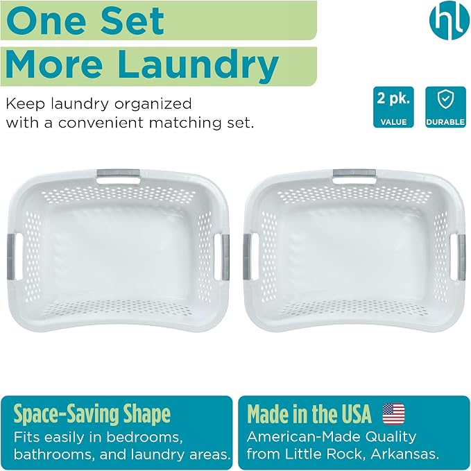 Home Logic 1.5 Bushel Plastic Laundry Basket Front Load, Large Laundry Hamper with Handles, Ventilated Clothes Organizer for Bedroom Bathroom Closet, 2 Pack, White