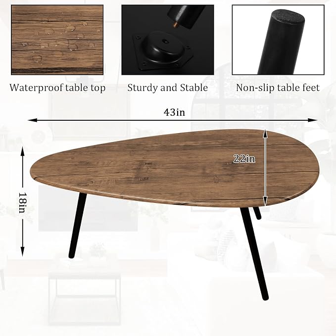 Coffee Table Modern Oval Coffee Tables Retro Center Table for Small Space Mid Century Rustic Accent Table for Living Room Home Office, Easy Assembly 22" D x 43" W x 18" H