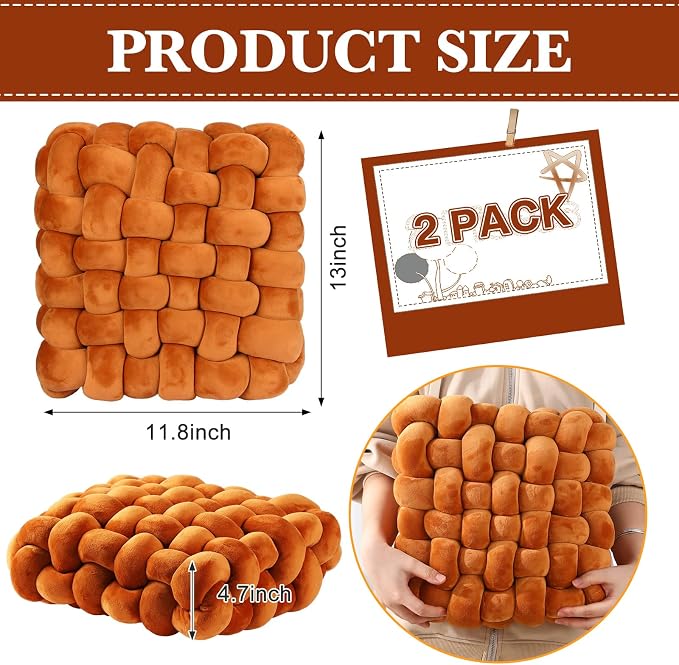Wenqik 2 Pcs Knot Pillows Square Knotted Plush Throws Soft Accent Pillows Decoration Cushion for Couch Home Office Living Room Bedroom Bed Sofa Decor, 12'' x 13''(Caramel,Crystal Velvet)
