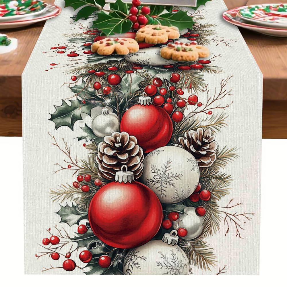 Christmas Table Runner, Seasonal Winter Kitchen Table Decoration, Suitable for Winter Christmas Family Gathering Indoor 13x72 inches (13x72 inches, Red and White Bell)
