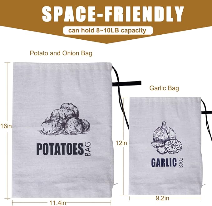 Potato Onion Garlic Storage Bag, Fabric Onion and Potatoes Storage Bag, Washable Garlic Potatoes Onions Keeper with Drawstring, 3 Pack (Garlic Onion Potato Bag)