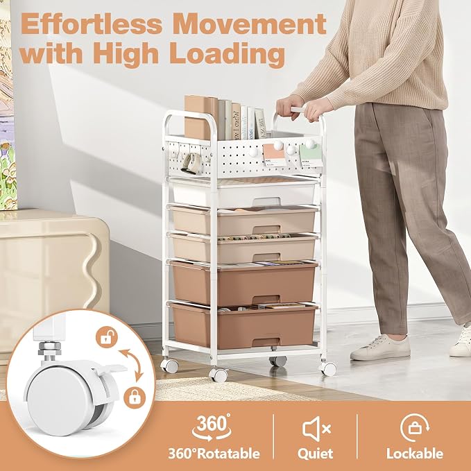 5 Drawer Rolling Storage Cart with Pegboard Top and Hooks, Mobile Organizer Cart with Wheels for Office Supplies, Craft Storage, Classroom Organization, Home Utility Cart, Brown