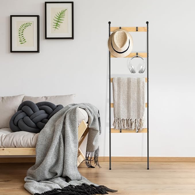 Blanket Ladder Towel Racks for Bathroom 5-Tier Bamboo Blanket Storage Holder with 10 Removable Hooks, Farmhouse Wall Leaning Display Rack Shelf for Living Room Bedroom, Wood Color