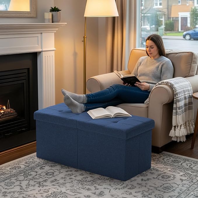 30-INCH Storage Ottoman Bench, Footrest with Storage, End of Bed Bench Coffee Table for Living Room, Bedroom, Entryway, Dark Blue