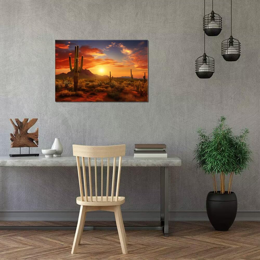 HJY Art Superstition Mountains Sunset Canvas Wall Art Arizona Western Desert Cactus Wall Decor Nature Landscape Pictures Wall Artworks Posters for Living Room Home Decorations (24''H x 36''W)