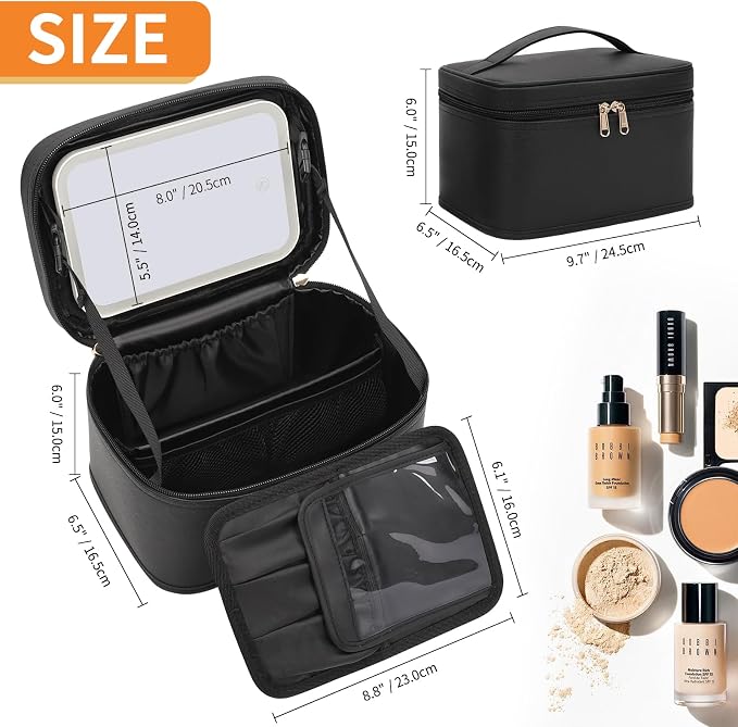 OCHEAL Makeup Bag with LED Mirror, Travel Cosmetic Organizer Vanity Case with 3 Color Setting Light Up Mirror for Women Beauty Tools Accessories Rechargeable - Black