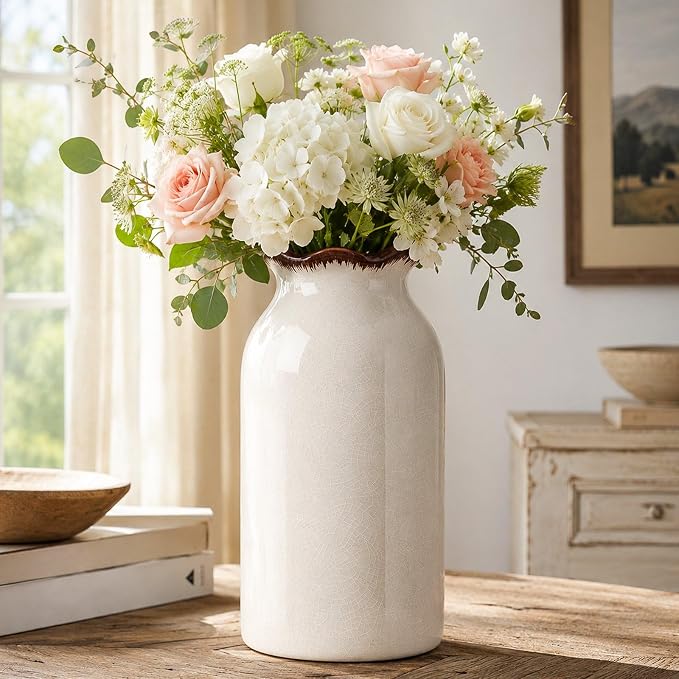 White Vase Ceramic Crackle Floral Vase for Modern Minimalism Nordic Home Bookshelf Living Room Table Centerpiece Decor
